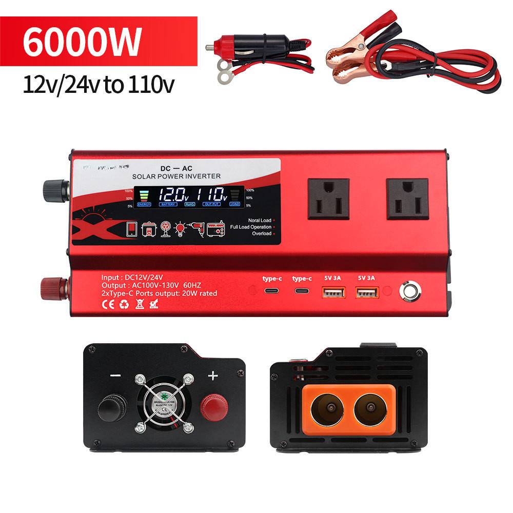 3000W/4000W/6000W High Power Portable Car Inverter Household Intelligent Display Power Inverter 12V/24V to 110V Voltage Converter With Light