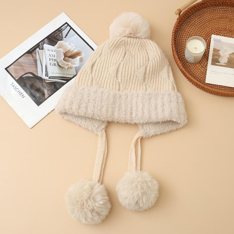 Autumn and Winter Hats for Women Sweet and Cute Fur Balls and Velvet Rabbit Fur Warm Hats Fashionable and Versatile Ear Protection Wool Hats