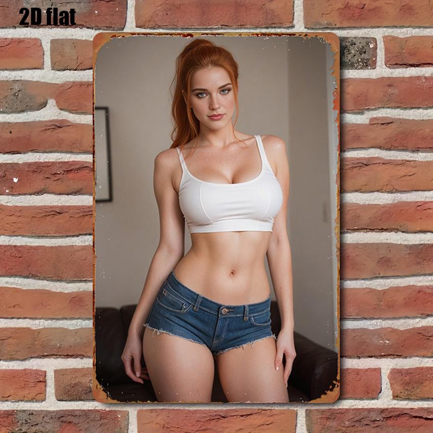 

HD Metal Tin Sign Gorgeous Redhead in White Crop Top Denim Shorts Vintage Wall Art Decor for Home Bar Man Cave Retro Metal Pla 20x30cm（7.8x11.8inch）