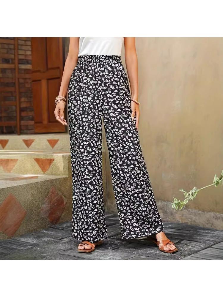 

Spring/Summer High-Waisted Floral Print Casual Wide-Leg Trousers All-match Straight Loose Wide-leg Long Pants S чорний