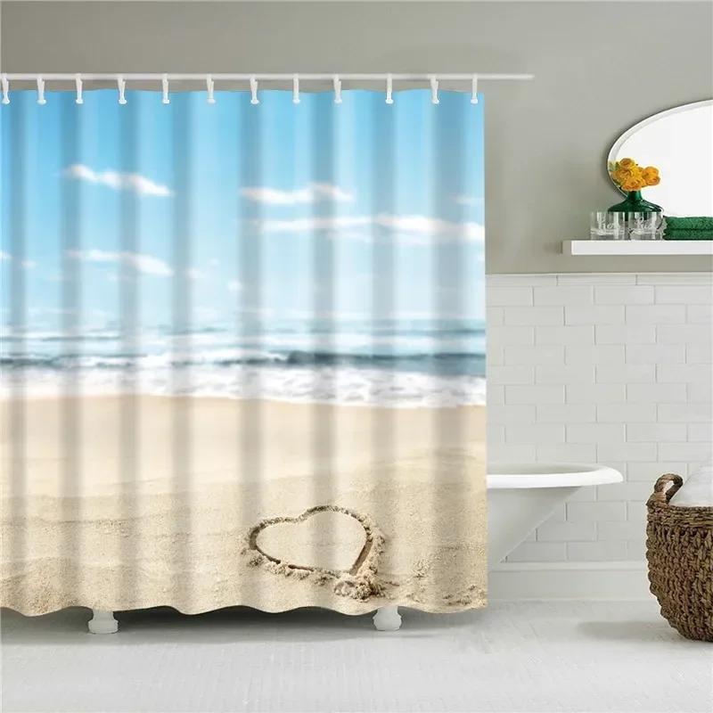 3D Scenic Landscape Seaside Beach Trees Flowers Shell Bath Curtain Shower Curtains for Bathroom Waterproof Polyester Frabic Hook