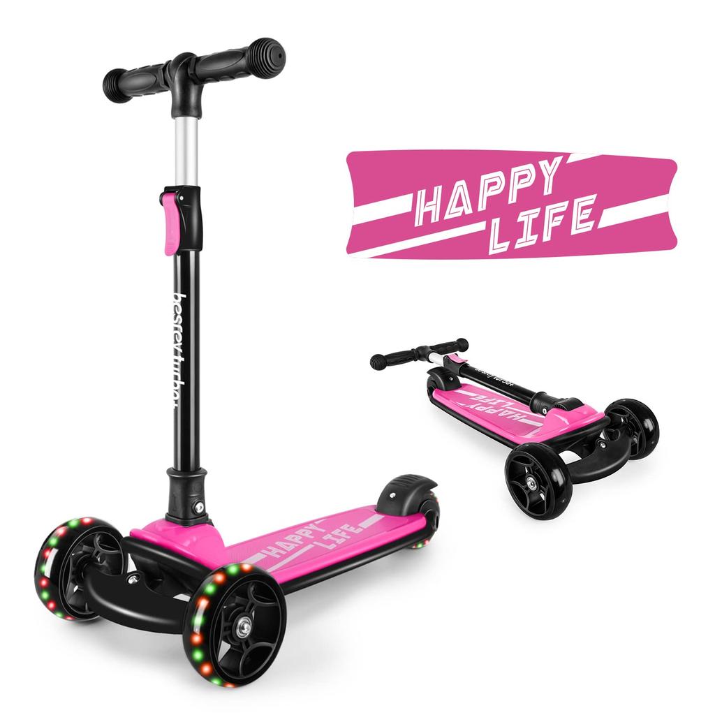 besrey Kick Kickboard for Kids 3 Wheel 3 Level Direction Rear Wheel Height Illuminated LED Easy to Birthday Pink Scooter, Kids, Scooter, Tricycle,