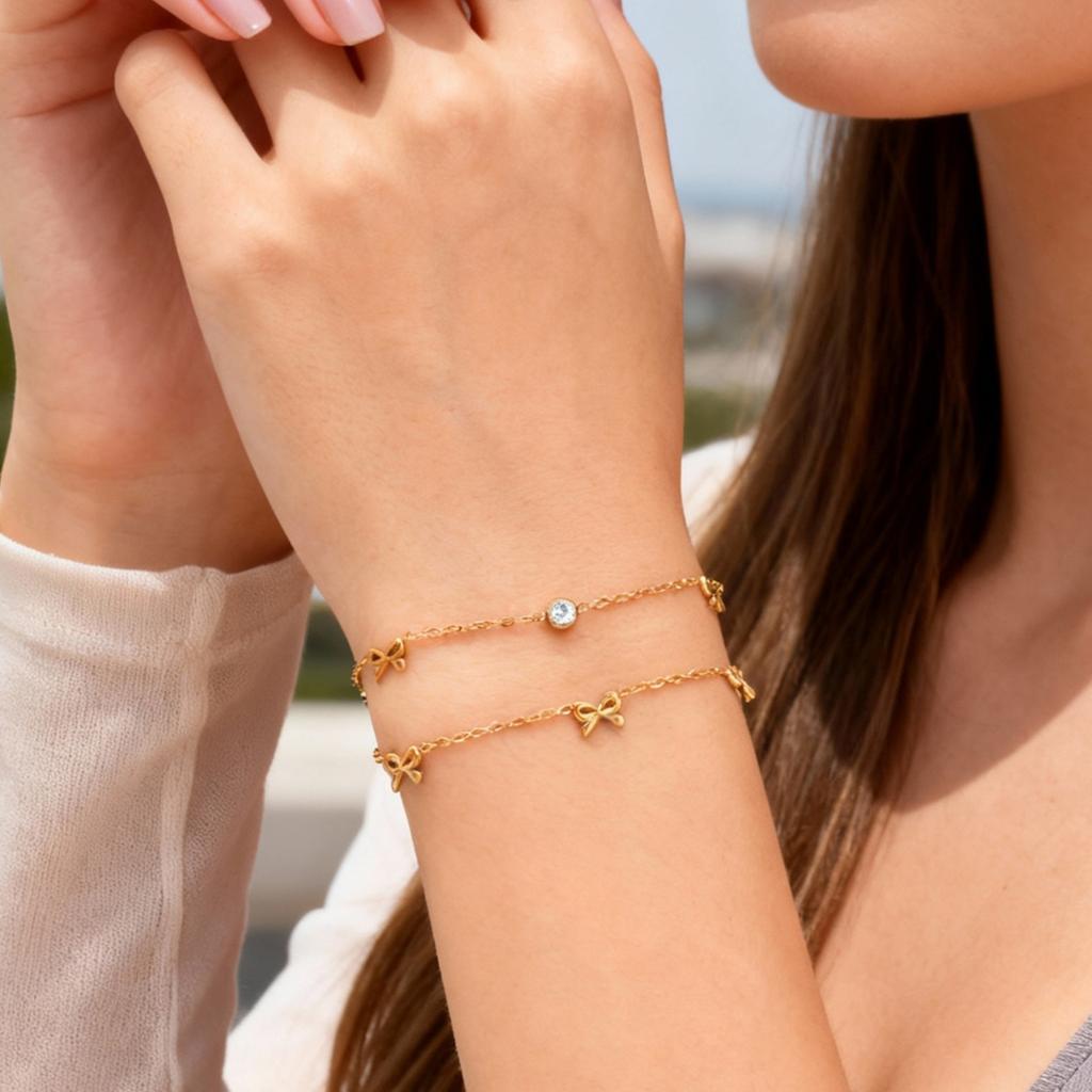 Dainty Bowknot Zircon Chain Bracelet for Women, Gold Plated Stainless Steel Thin Chain Charm Bracelet, Trendy Jewelry Party Gift