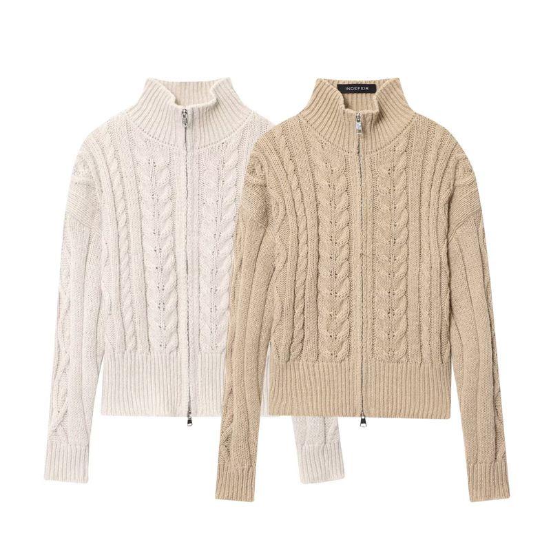 Kaslead New Women clothes Western Style Zip-up Advanced Stand Collar Twist Knit cardigan