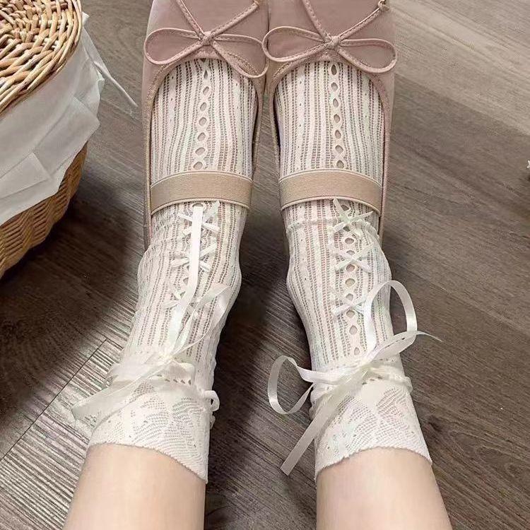 Ballet-Style Girlish Lace Socks | Calf Ribbon Bowknot Hollow White Mesh Non-Slip Slouch Socks
