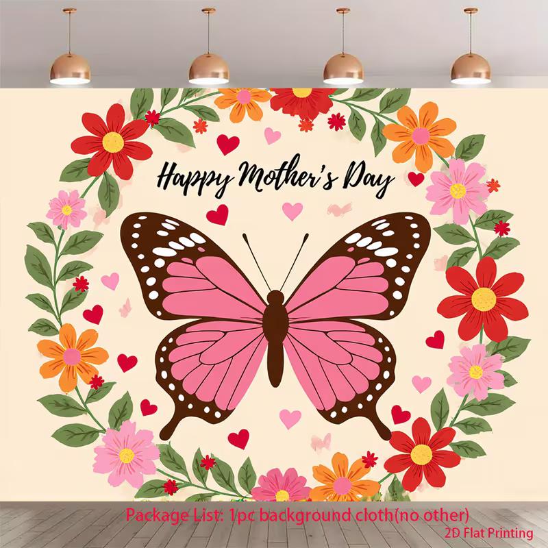 

2D Happy Mother s Day Butterfly Backdrop 2D Flat Print Colorful Flowers & Hearts Background 47.2x31.5inch/120*80cm