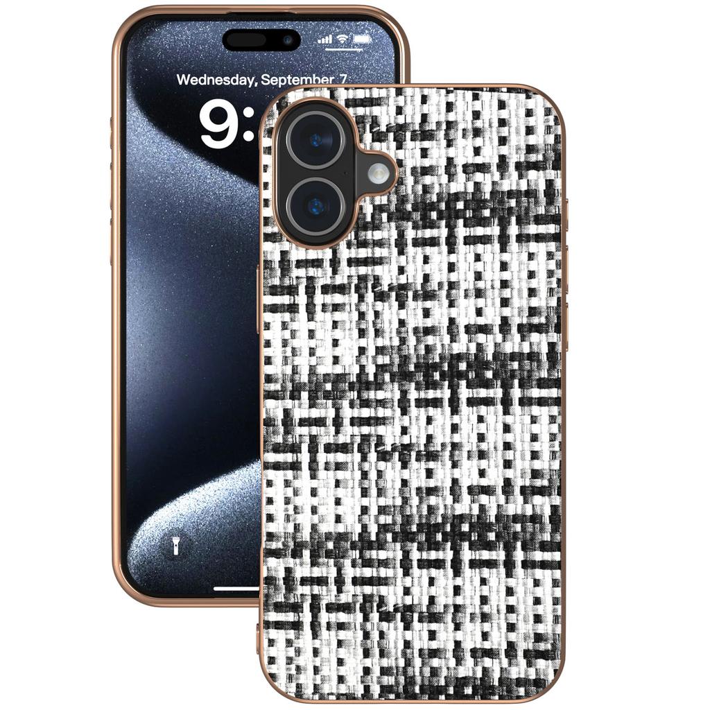 For iPhone 16 Plus Case Electroplating Edge Plaid Texture PU Leather+PC+TPU Phone Cover
