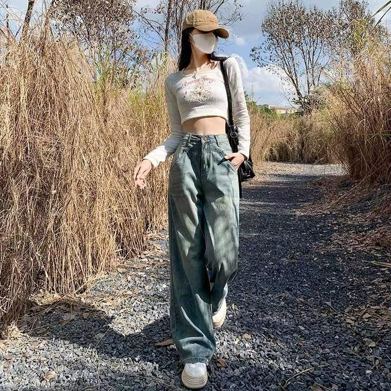 Damen Retro Wide Leg High Waist Jeans, Frühling/Herbst 2024 - Bodenlang Gerader Schnitt mit Schlankmacheffekt