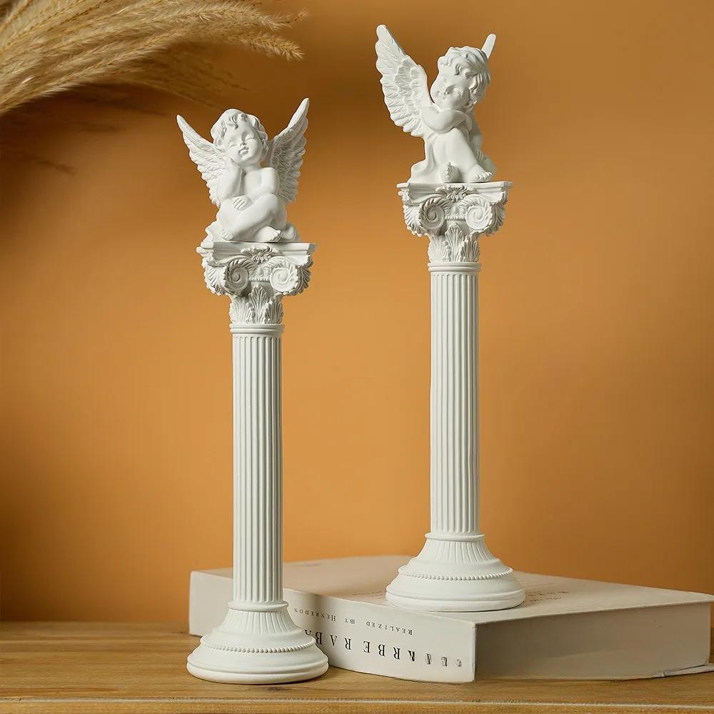 Resin Angel Figurines with Roman Column Cherubs Statue Wings Sleeping Thinking Angle for Home Room Desktop Office Decoration