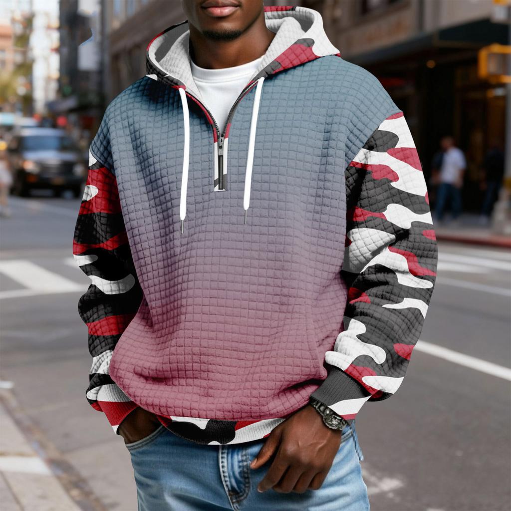 Sudadera Deportiva Casual para Hombre con Capucha y Media Cremallera a Cuadros con Cordón y Estampado