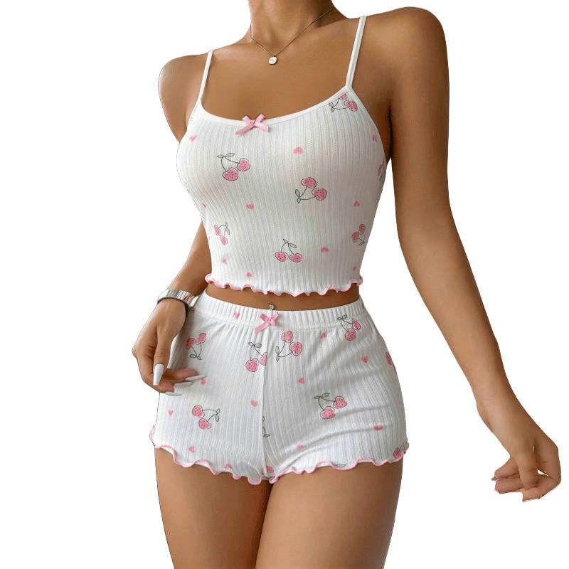 Cherry Print Bowknot Camisole & Shorts Set - Ribbed, Slim Fit Homewear