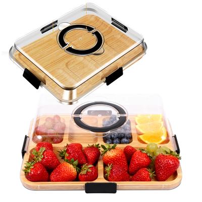 Bambus Käseplatte mit transparentem Deckel Keks Snacks Obst Serviertablett Unterteilte Charcuterie-Platte für Party Camping Picknick