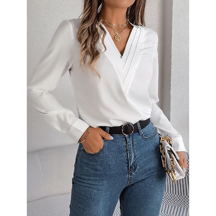 

2026 Spring New Fashion Elegant Solid Color Layered V-Neck Long Sleeve Women s Casual Simple Shirt S белый
