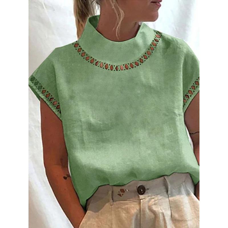 Women's Solid Color Hollow Top Casual Turtleneck Breathable Shirt