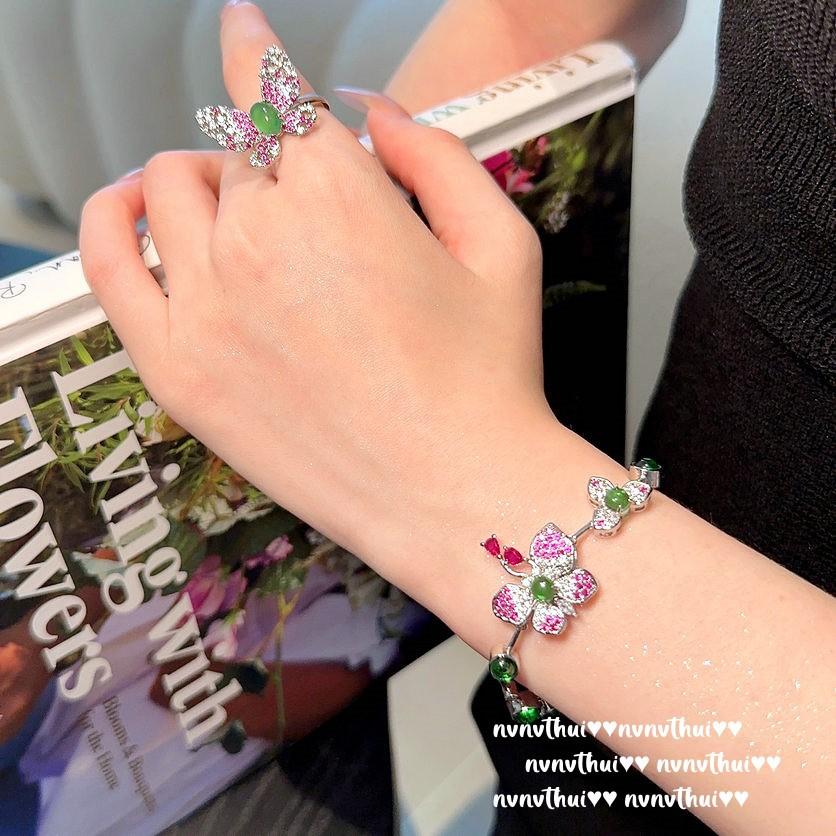 Chalcedony Rouge Ruby Butterfly Bracelet, Antique, 18K Gold Plated, Lady Zircon Butterfly Necklace