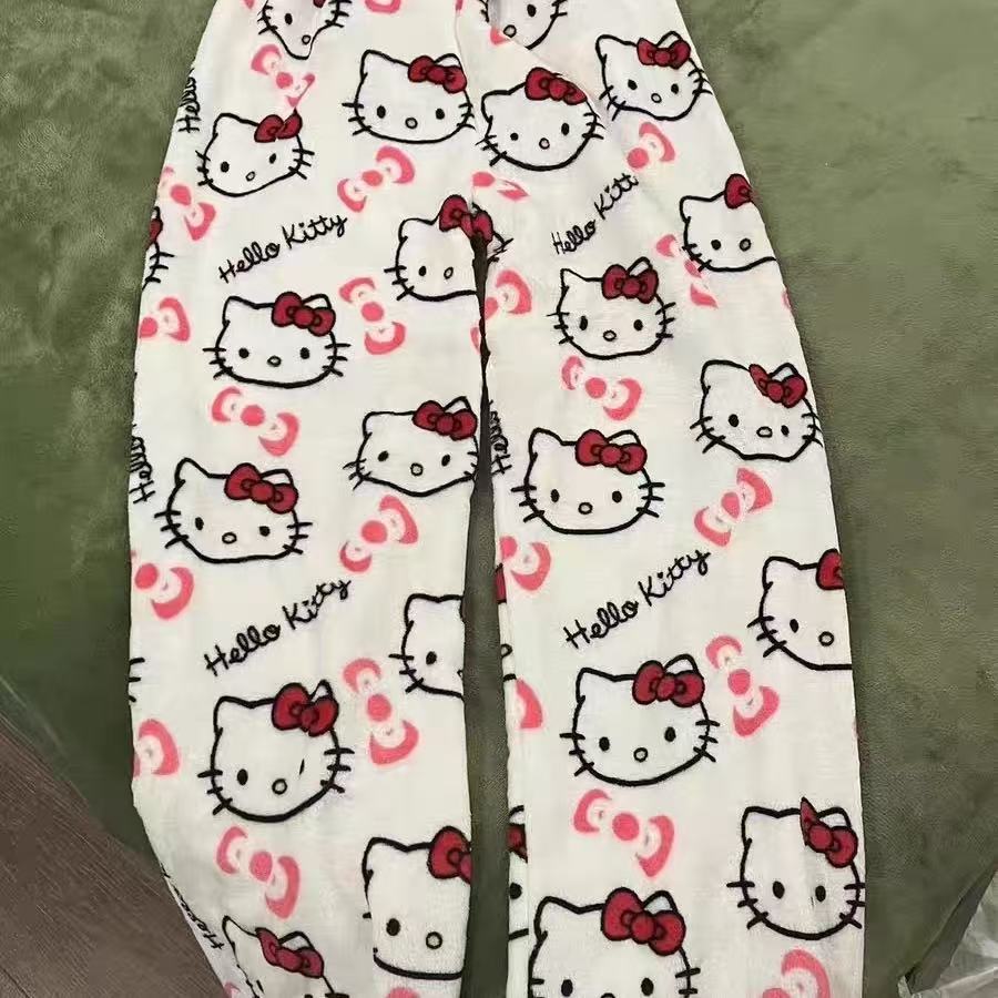 Halloween Kawaii Hello Kitty Flanellen Pyjamabroek Dames Winter Fleece gevoerd Warm Loungewear Trekkoord Joggingbroek