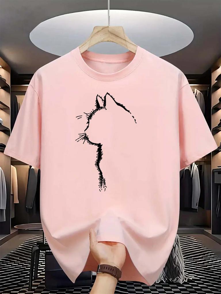 2026 Men Cute Pet Side Profile Printed Cotton TShirt Street Style Trendy Cat Face Loose Fit Short Sleeve Comfortable Casual Top
