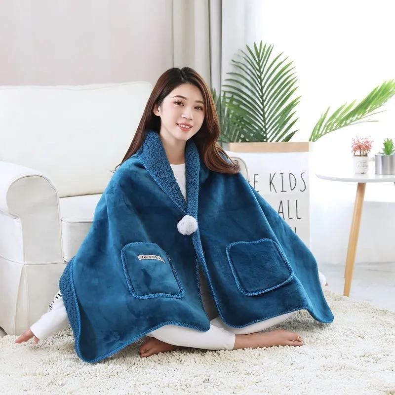 Autumn  Winter Multi Functional Shawl Blanket Office Nap Blanket Thick Flannel Lamb Wool Blanket Knee Blanket Fur Ball Pocket Mantle Shawl