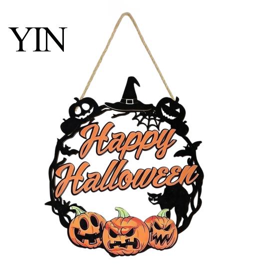 Fall Front Porch Signs Halloween Wooden Wreath Door Hanger Sign, Pumpkin Ghost Black Cat Witch Ornaments Bat Patterns, Hanging Plaque for Farmhouse