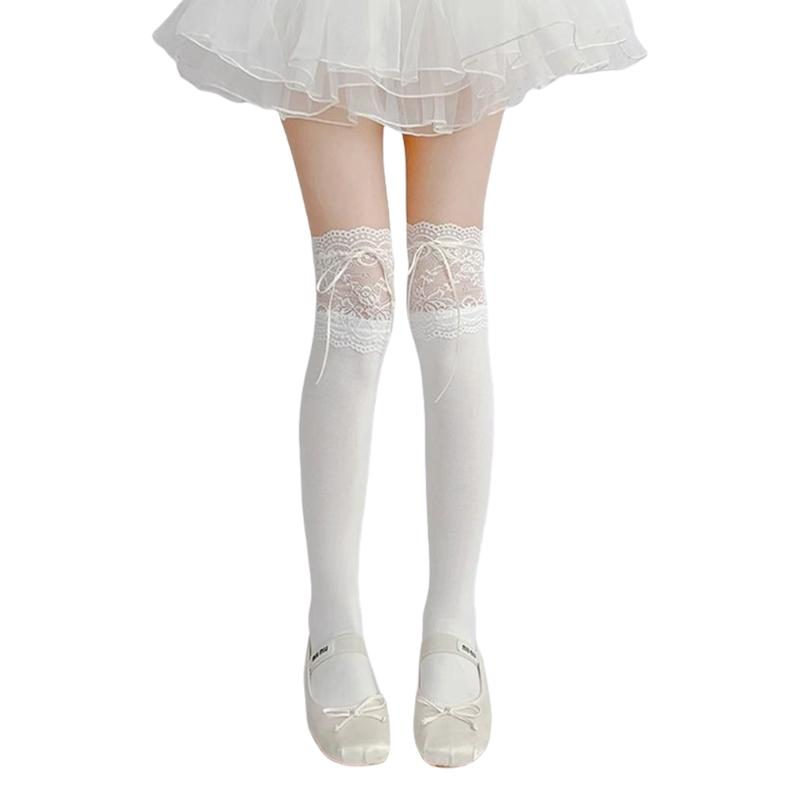Women Ballets Style Bows Over Knee Socks Stockings Lace Frilly Thigh Highs Socks Student Girls Lace Top Long Stockings
