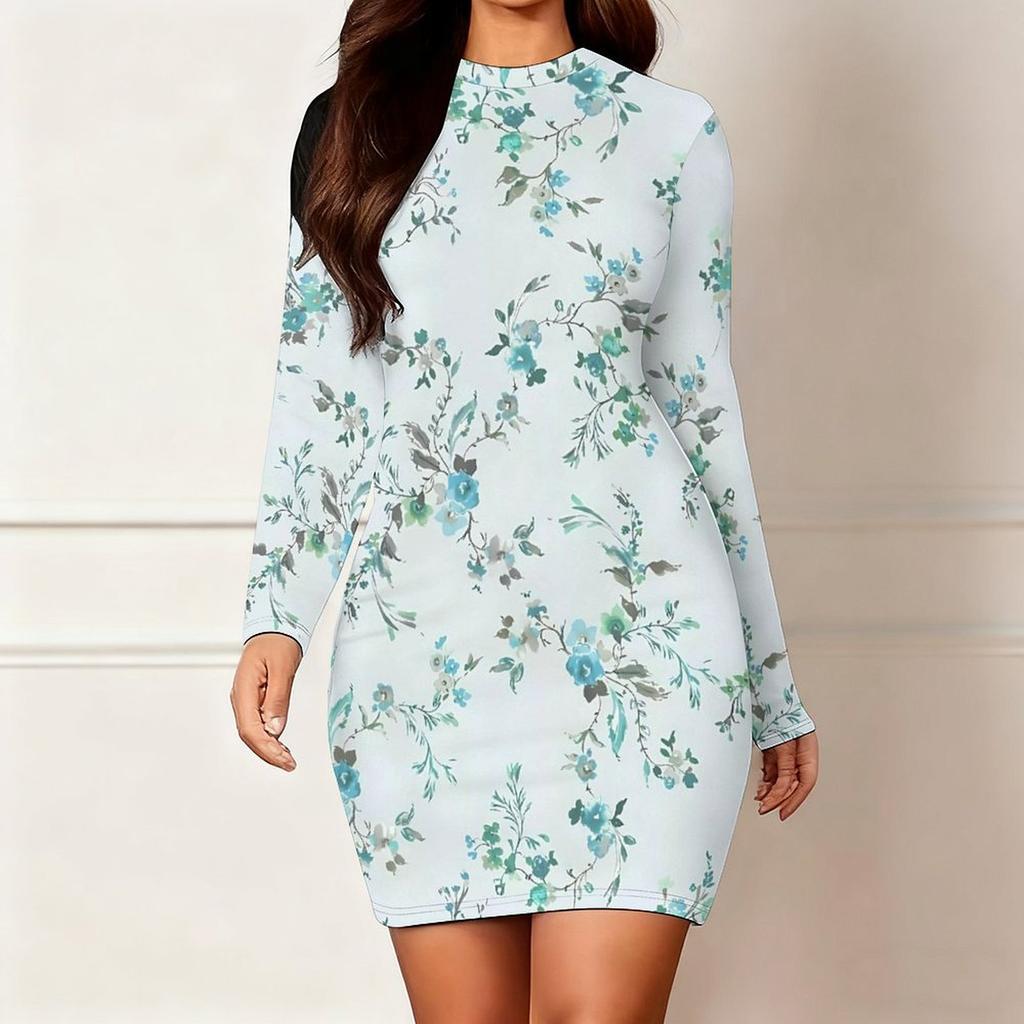 2025 Outono e Inverno Novo Estampa Floral 3D e Tingimento Moda Feminina Manga Longa Gola Redonda Vestido Envolvente de Quadril Dia dos Namorados Limitado