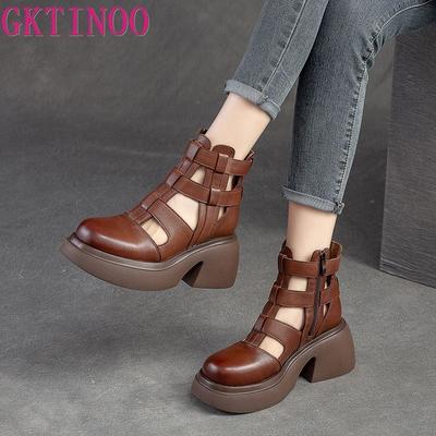GKTINOO Sandales à Talons Compensés pour Femmes en Cuir Véritable Bout Rond Été Sandales Gladiateur Femme Chaussures à Plateforme Femme