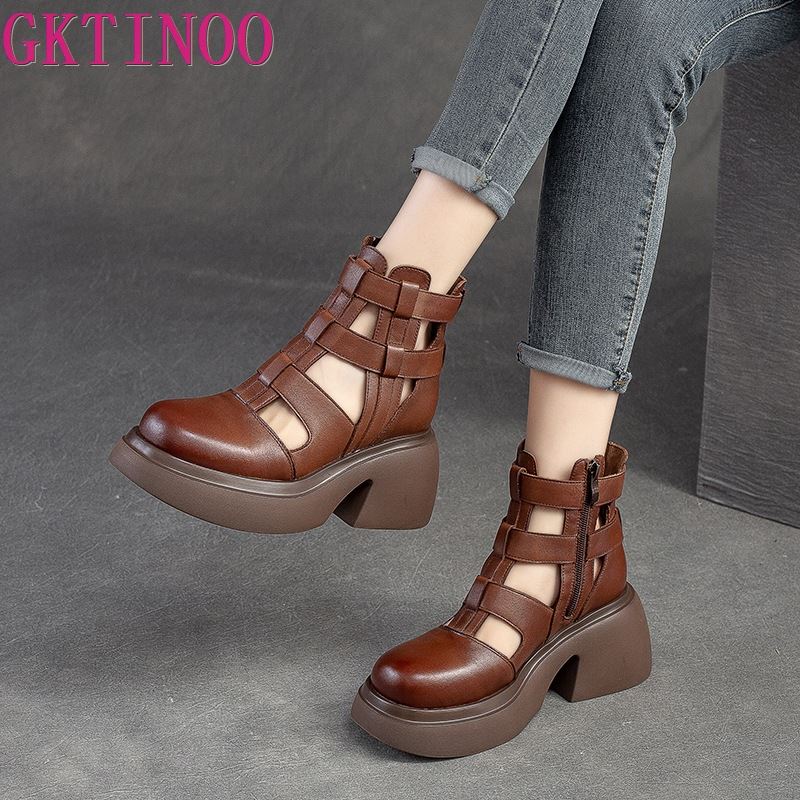 Fashion GKTINOO Women Sandals Wedges Heels Genuine Leather Round Toe Summer Fashion Female Gladiator Sandals Platform Shoes Woman