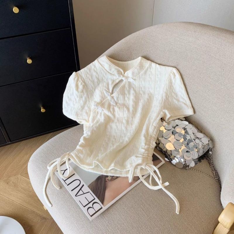 

Solid Short Sleeve T-shirts Women Summer Sweet Girls Hollow Out Button Stand Collar Shirring Cropped Slim Trendy Chinese Style XS білий