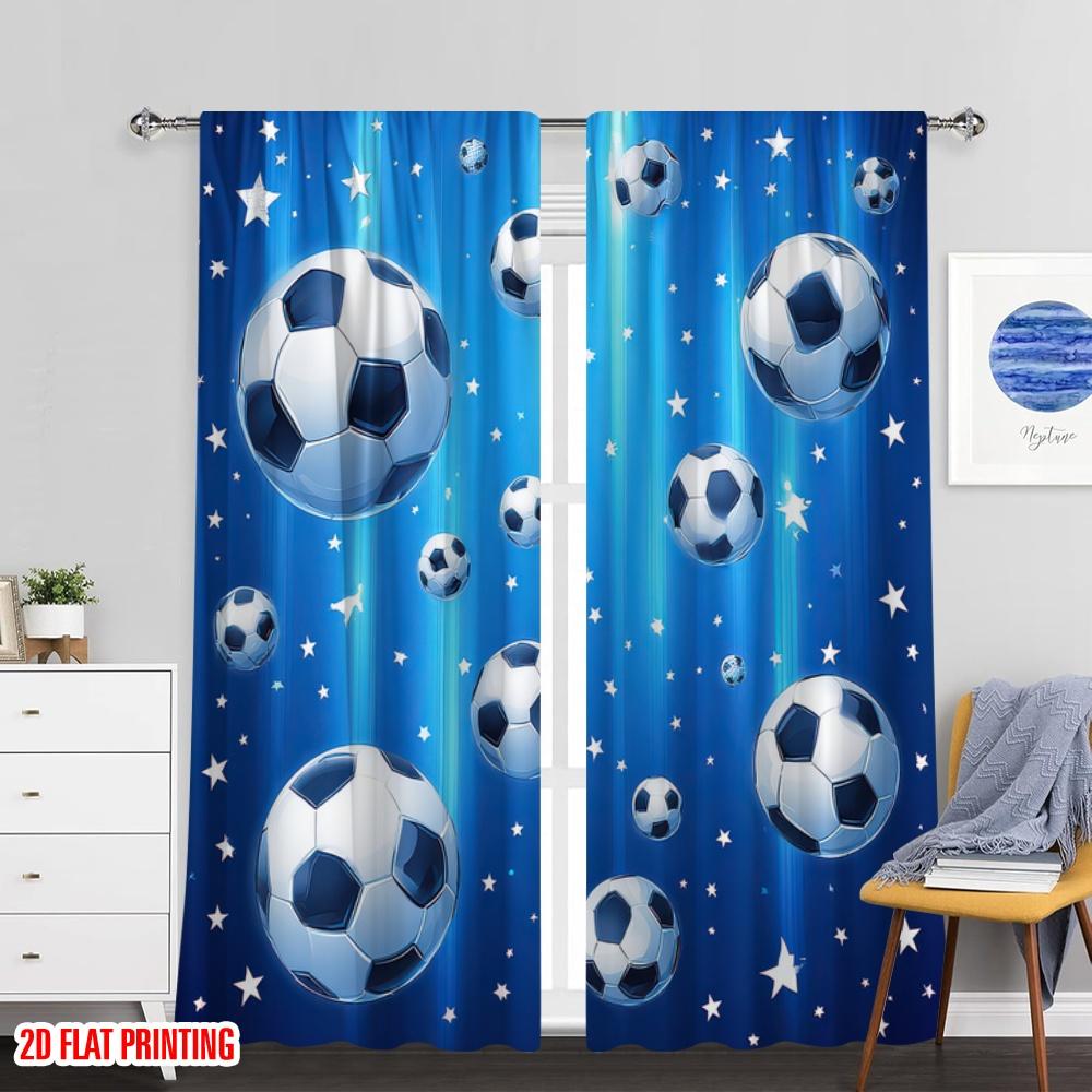 Flat Printing Curtains Soccer Stars Blue Fabric Without Electricity Holiday Decorations Use Door Wall Yard Curtain Set Of 2 Made Polyester Washable