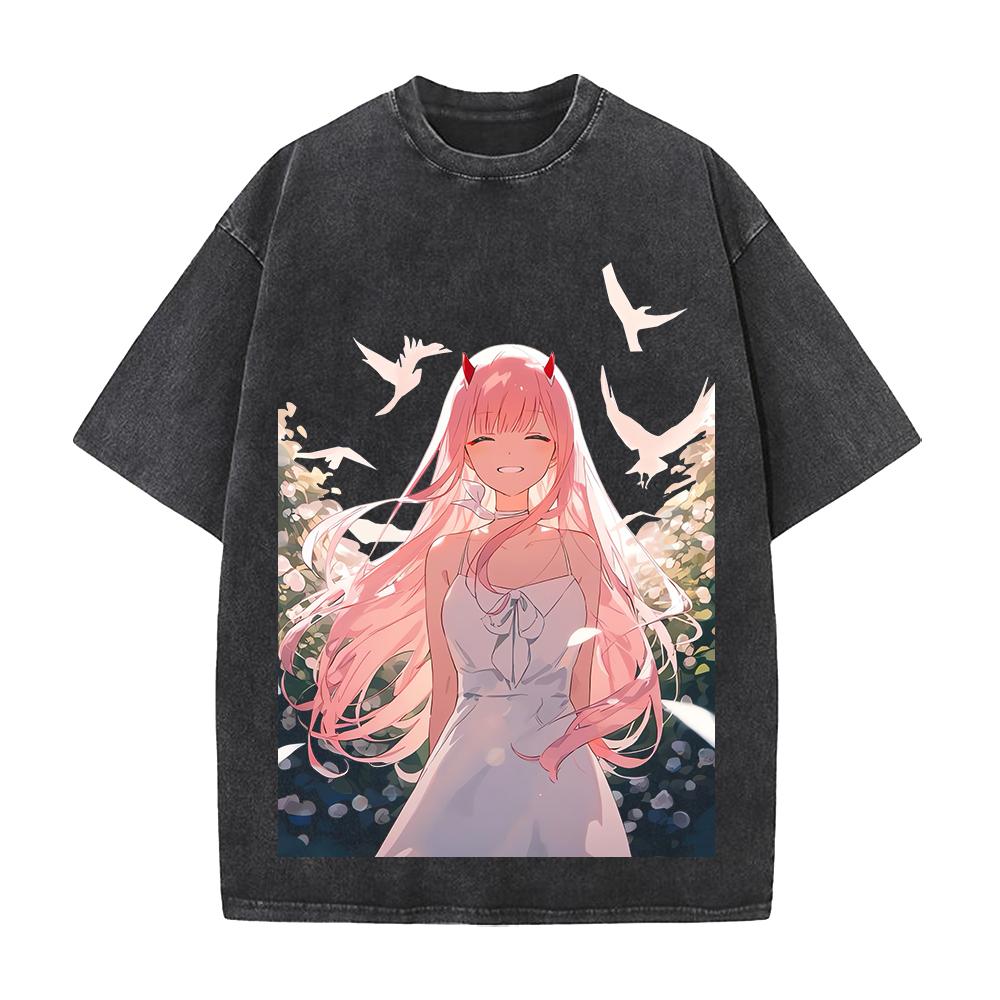 DARLING in the FRANXX Zero Two Printed Tee Men Women Short Sleeve Cotton Tshirts Vintage Washed T-shirt Oversized Streetwear