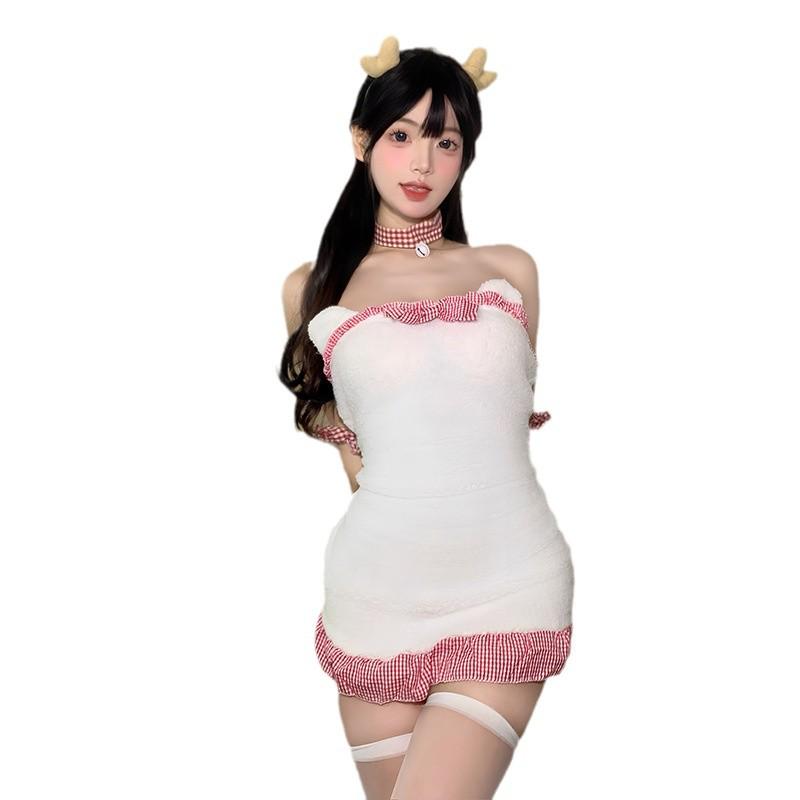 Seductive Christmas Teddy Bear Lingerie Set: Plush, Backless Nightgown & Maid Outfit