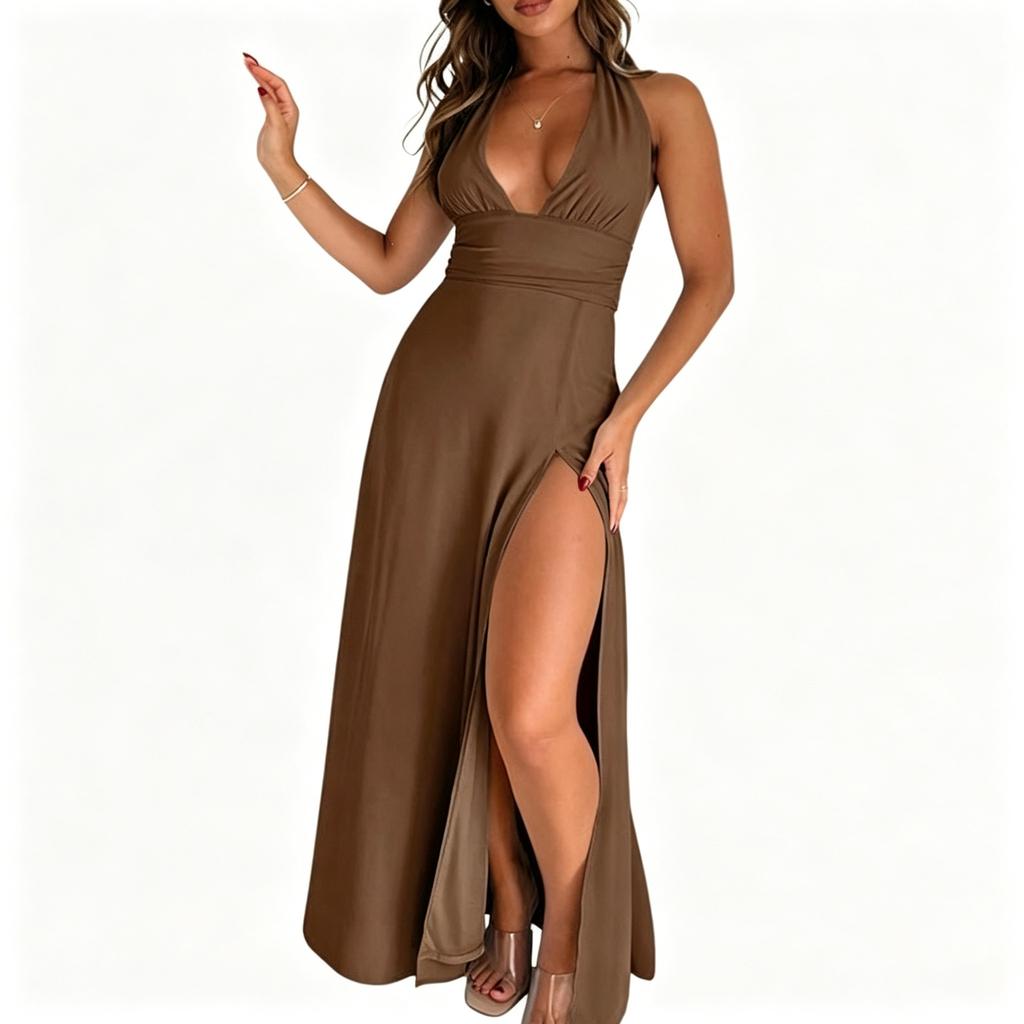2026 European and American women's clothing spring models, neck V-neck slits, solid color thin long dresses are available directly from stock.