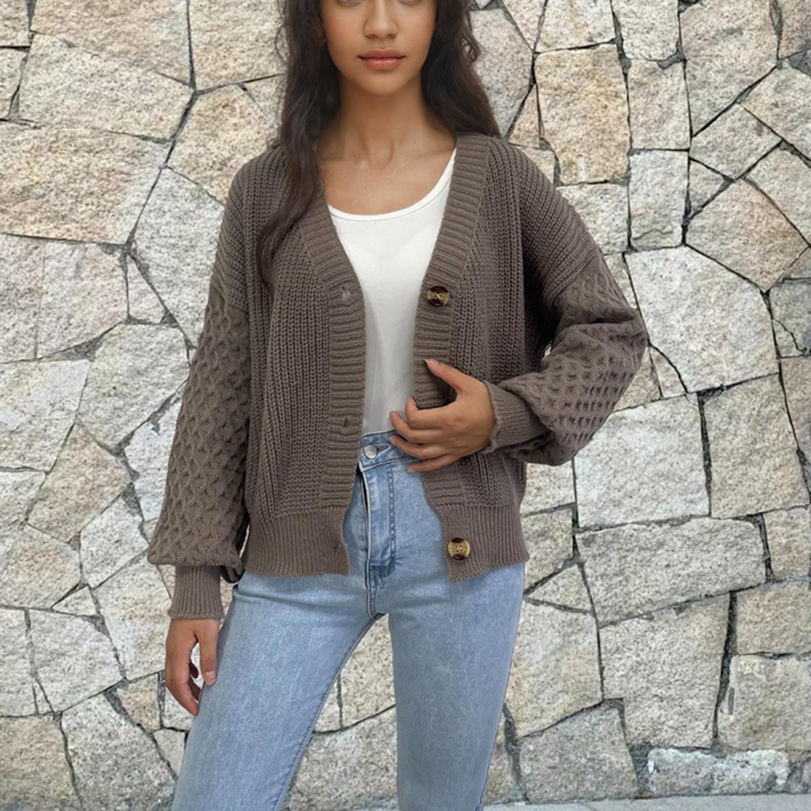 

Женская мода V-образный вырез однобортный свитер пальто однотонный кардиган с рукавами L кофейный