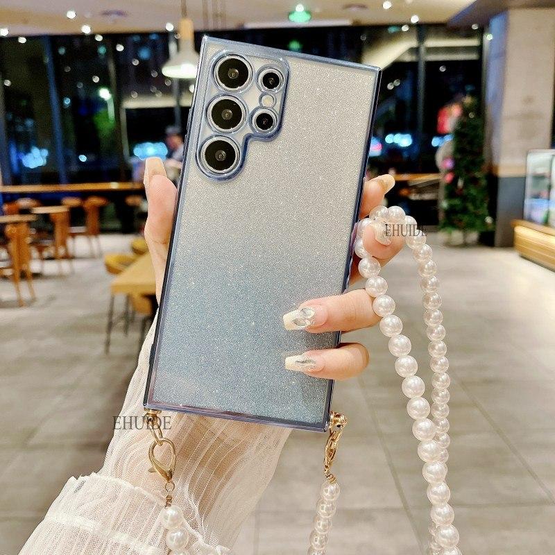 

Pearl Case For Samsung Galaxy S24 FE S25 Ultra S20 S21 S22 S23 Plus A36 Crossbody Cord Lanyard Strap Clear Plating Glitter Cover S25 Plus&Case & Strap