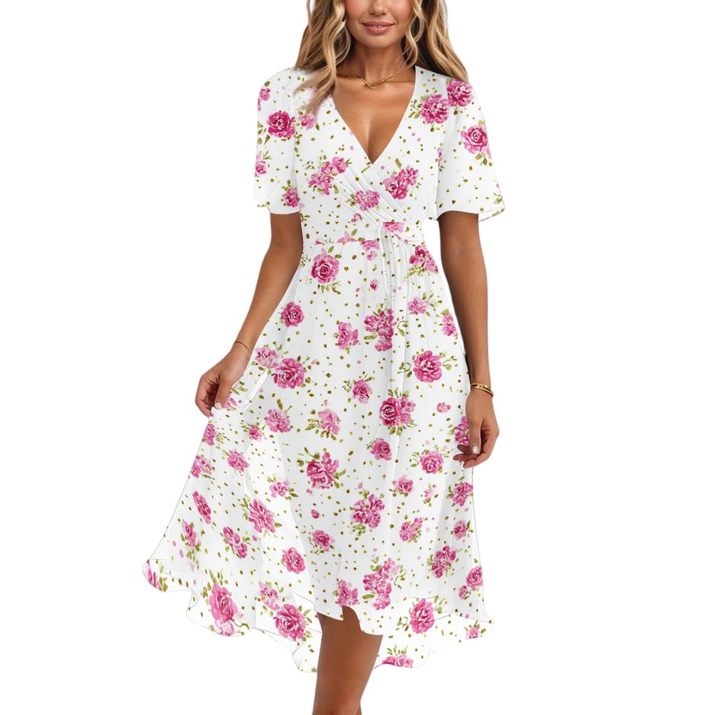Women V Neck Short Sleeve Floral Print Dress Casual Loose Fit Summer Midi Dress Lightweight Flowing Elegant Style