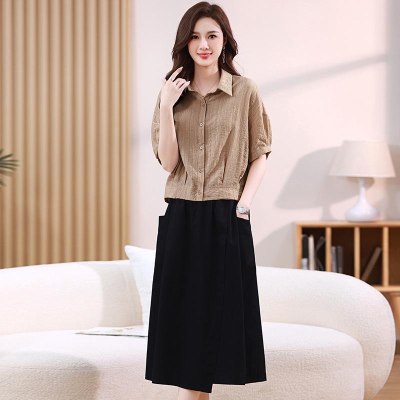 2025 Summer Plus Size Two-Piece: Skirt & Shirt Collar Top - Casual, Loose, Age-Reducing for Women