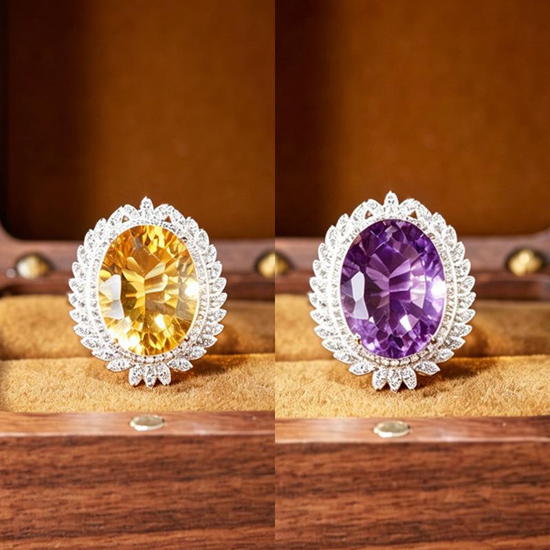 Large Amethyst & Citrine Pendant Necklace for Women, S925 Silver Clavicle Chain, Colored Gem Jewelry