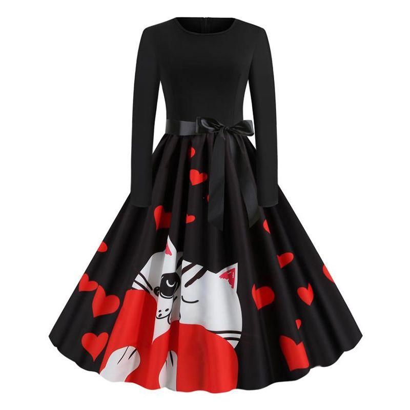 

New Fall Women s Clothing Slimming Patchwork Long Sleeves Print Large Swing Dress Cultivation Stretch Crew Neck Skirt Belt Picture Color S