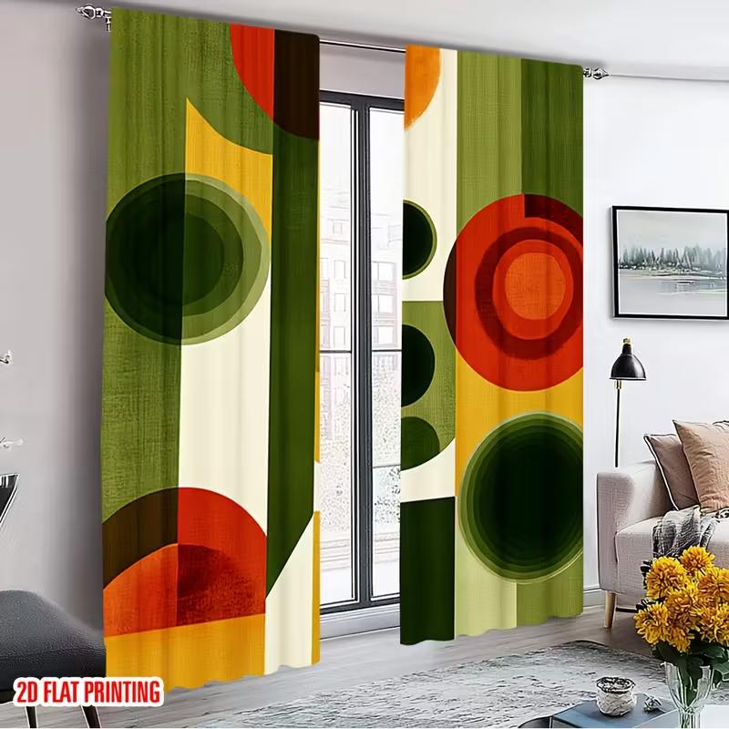 2 szt. Zasłony Retro z Wzorem Geometrycznego Okręgu i Pasków, Zaprojektowane do Blokowania Światła, Materiał Premium, Odpowiednie do Salonu,