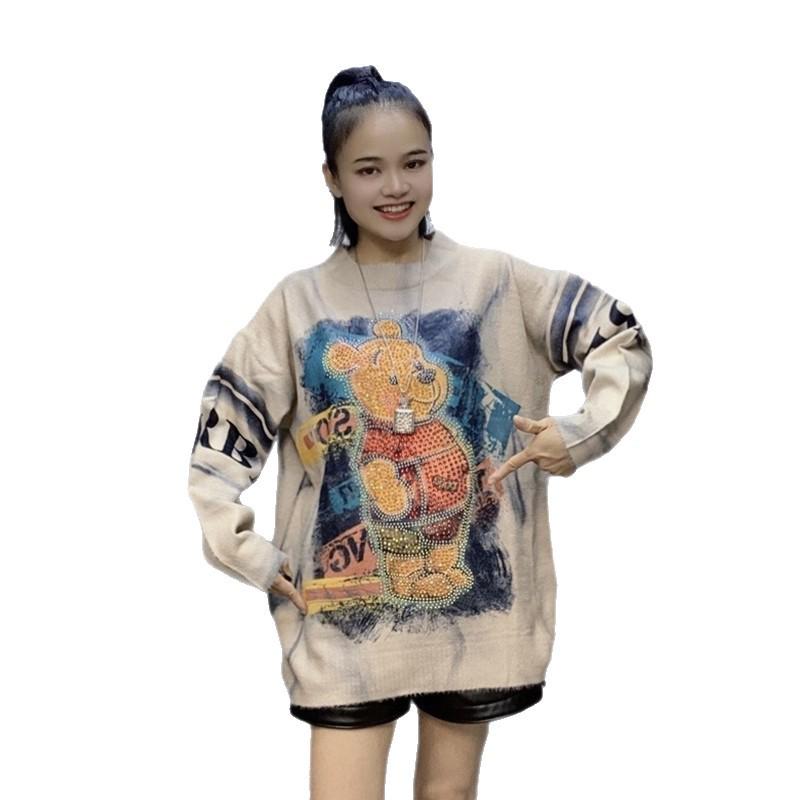 Korean Designer Heavy Duty Hooded Long Sleeve Sweater for Women - Autumn Knitwear Slimming Top with Print