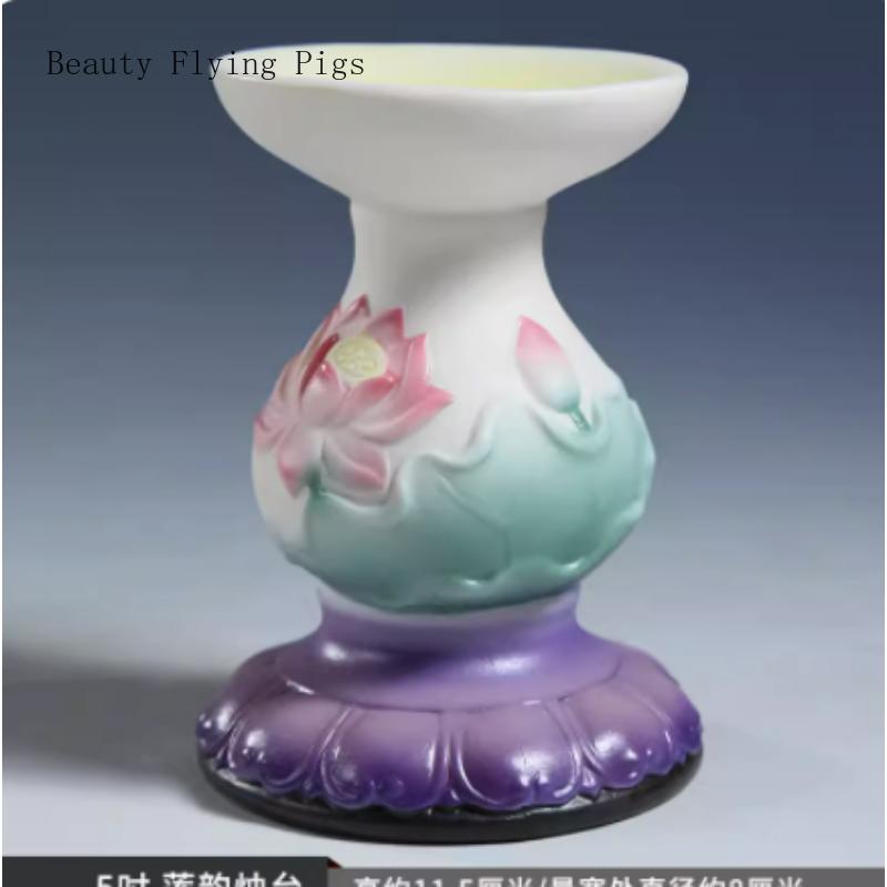 Chinese Creative Ceramic Relief Lotus Candlestick, Home Offering Butter Lamp for Buddha Lamp Base Feng Shui  Buddhism