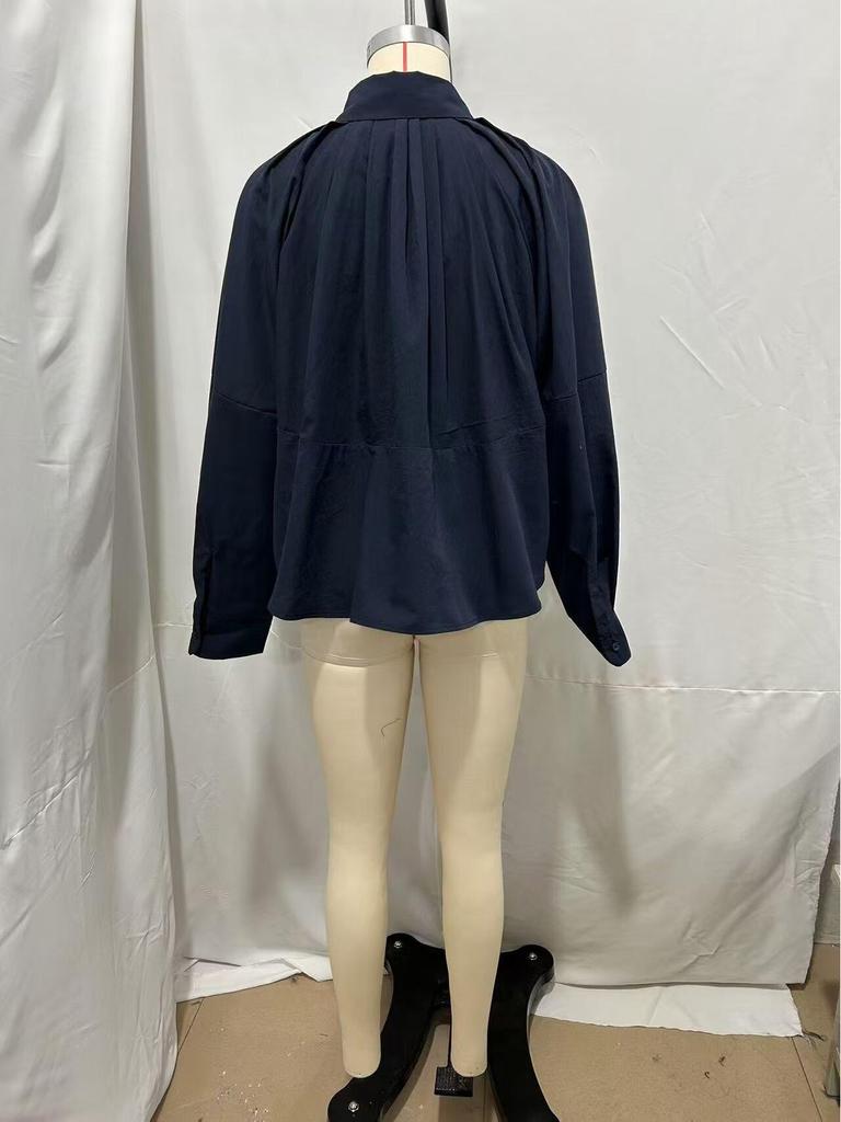 European & American Women's 2024 Autumn/Winter Fashion Turn-down Collar Pleated Poplin Shirt