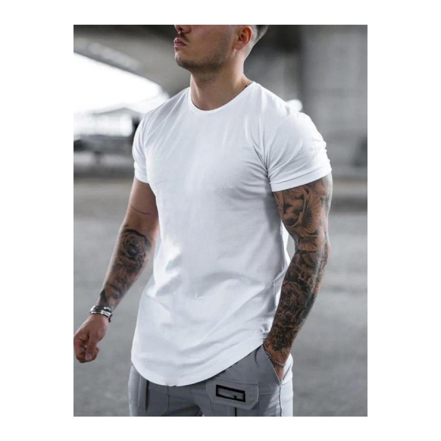 

Мужская приталенная однотонная базовая футболка овального кроя Белый S белый