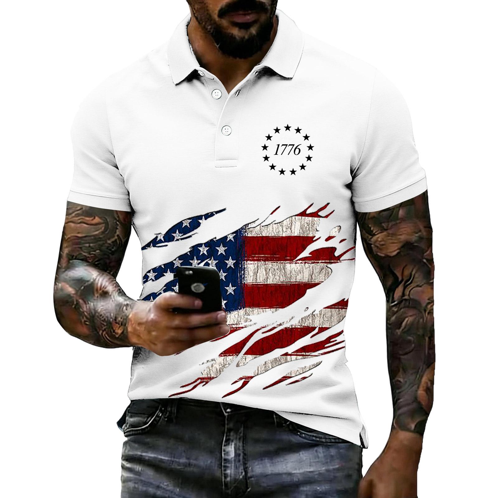 

Men s Loose Fit Casual Polo Shirt Short Sleeve Flag Print 1776 Graphic Design Button Collar Summer Top XL белый