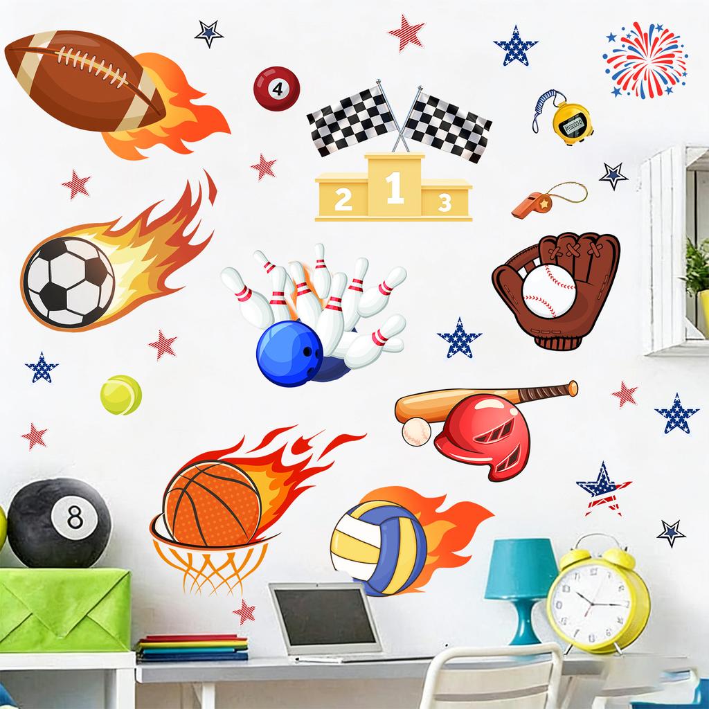 Self-adhesive Wall Stickers Creative Flames and Sports Balls for Kids Room Bedroom Living Room Study Bathroom Decor