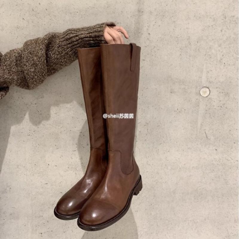 

Shoes Retro Horse Leather Round Head Thick Heel Thick Sole Rear Zipper High Knight Boots Women 35 чорний