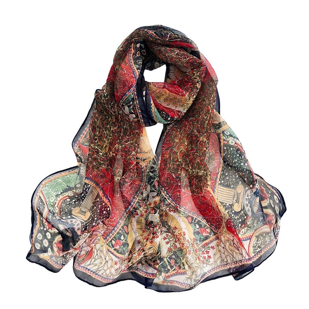 Summer Embroidered Silk Scarf Breathable Smooth Long Wraps Silk Sun-Resistant Bandana for Women