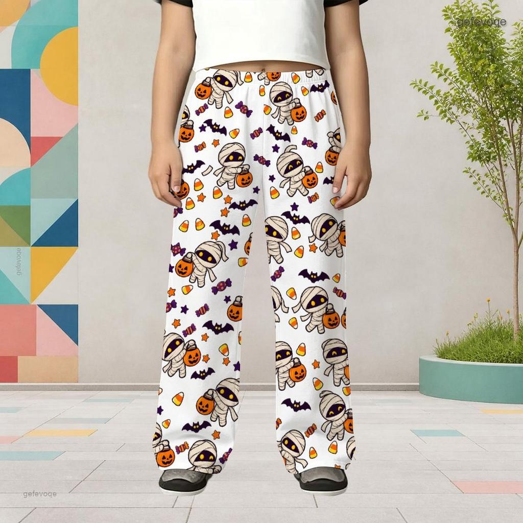 Girls White Halloween Cartoon Printed Wide Leg Long Pants