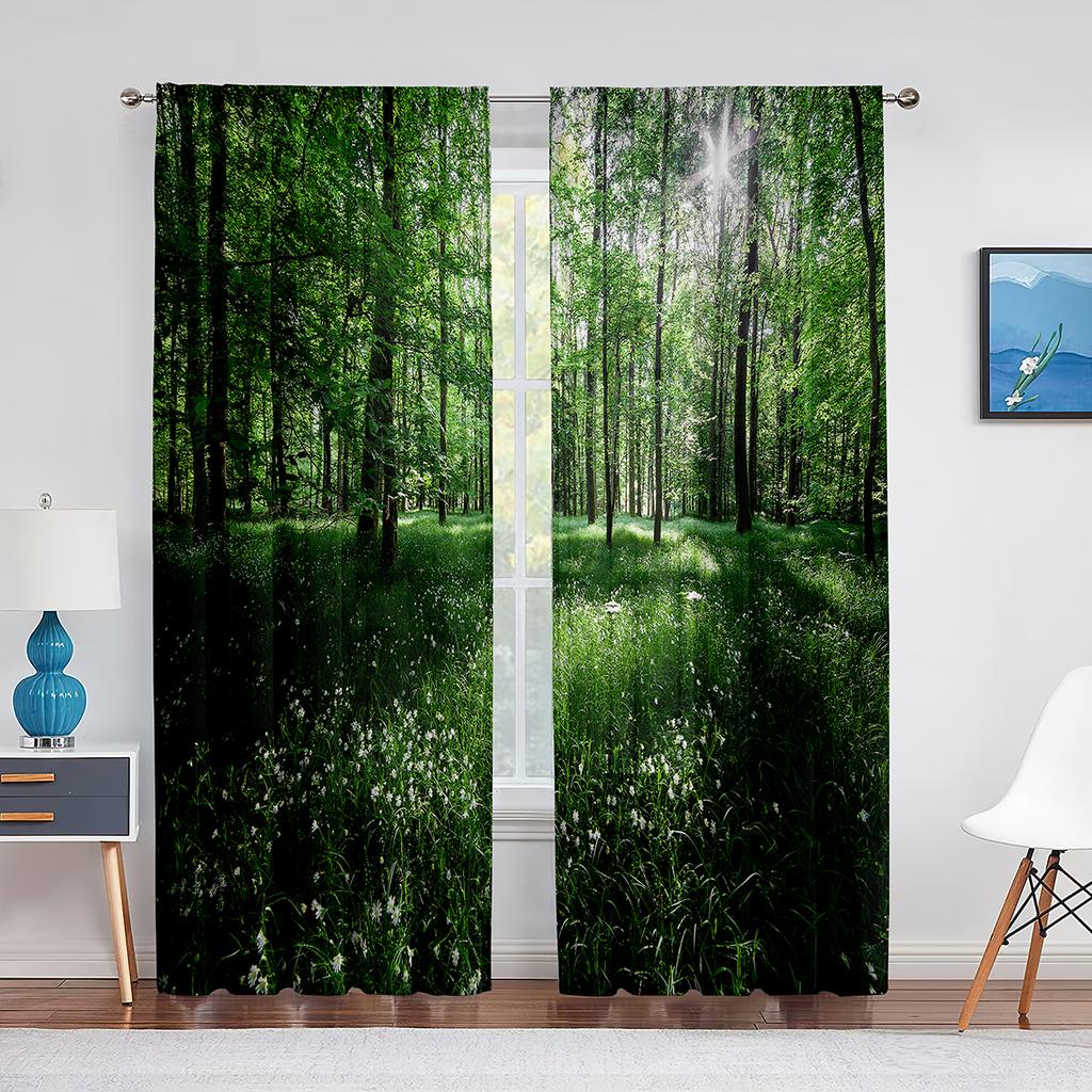 2panels Woodland Forest Foliage Sunbeams Nature View Curtains for Living Room Bedroom Kitchen Decor Sheer Curtains Window Drape