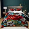 3pcs Gothic Red Roses and Skulls Bedding Duvet Cover Set Skull and Rose Bedding Set Vintage Themed Romantic Roses Bedroom Decor